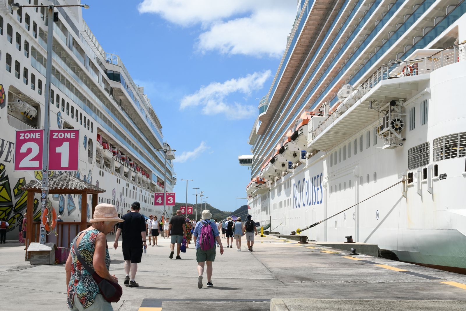 Passengers walking along a cruise pier