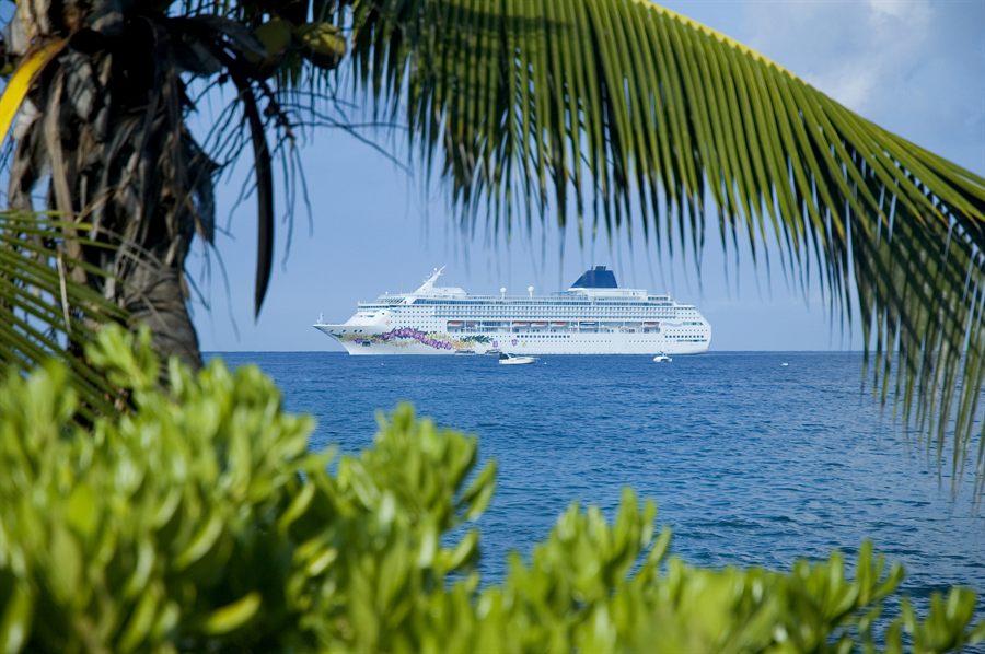 Cruise ship off a tropical coast