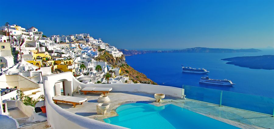 Terrace above the Aegean with ships below