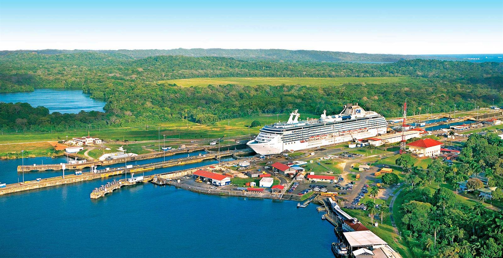 Cruise ship passing through canal locks
